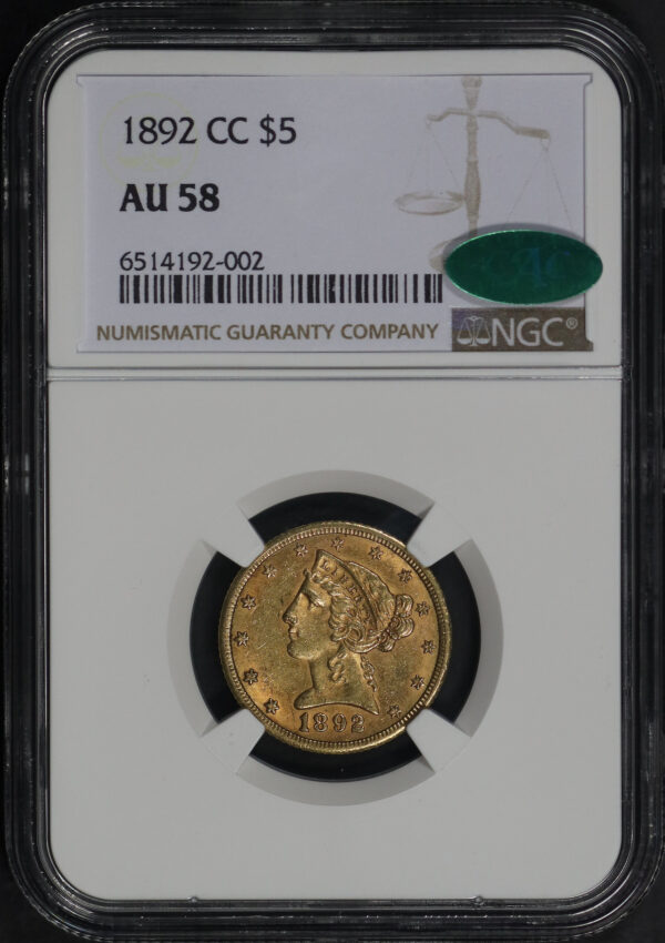 Obverse of this 1892-CC Liberty Head $5 NGC AU-58 CAC