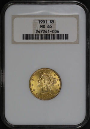 Obverse of this 1901 Liberty Head $5 NGC MS-65 Old Fatty Holder