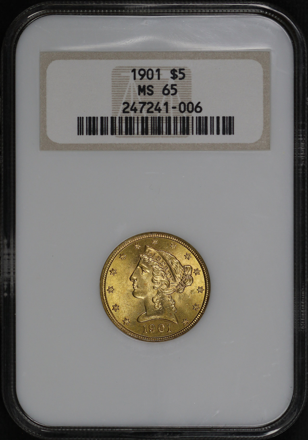 Obverse of this 1901 Liberty Head $5 NGC MS-65 Old Fatty Holder