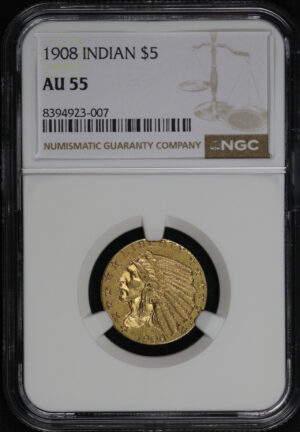 Obverse of this 1908 Indian $5 NGC AU-55
