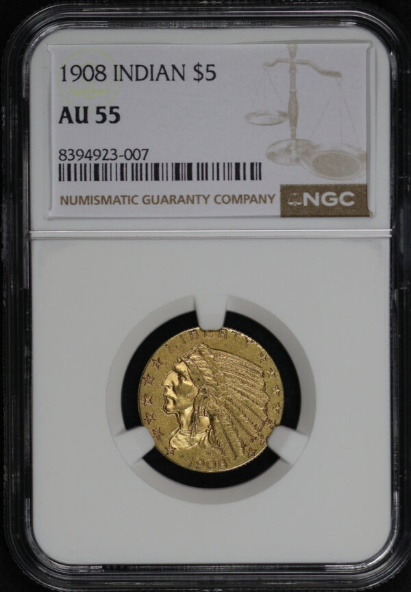 Obverse of this 1908 Indian $5 NGC AU-55