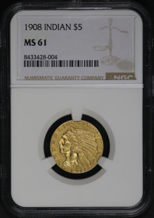 Obverse of this 1908 Indian $5 NGC MS-61