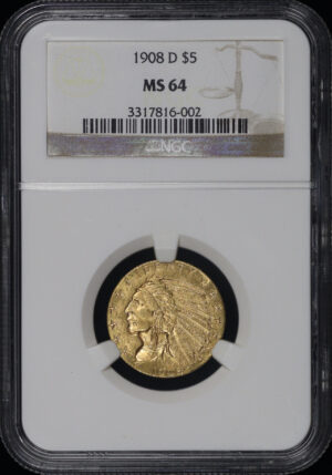 Obverse of this 1908-D Indian $5 NGC MS-64