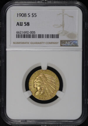 Obverse of this 1908-S Indian $5 NGC AU-58