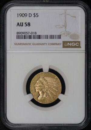 Obverse of this 1909-D Indian $5 NGC AU-58