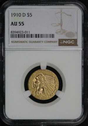 Obverse of this 1910-D Indian $5 NGC AU-55