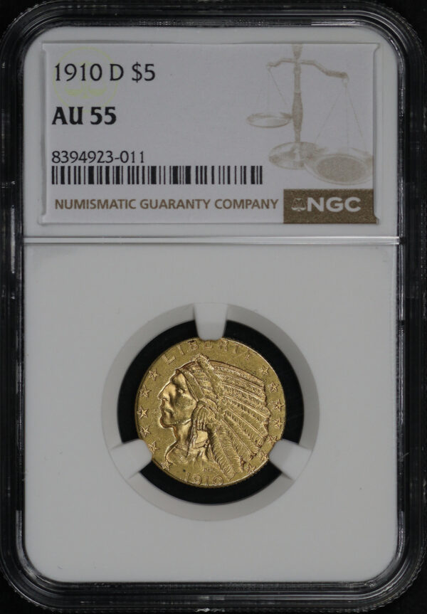 Obverse of this 1910-D Indian $5 NGC AU-55