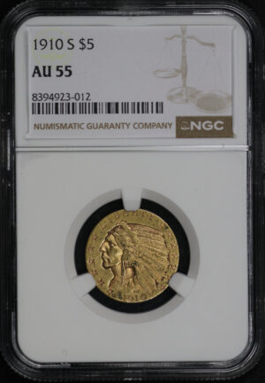 Obverse of this 1910-S Indian $5 NGC AU-55