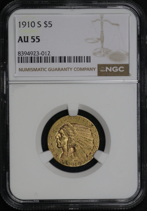 Obverse of this 1910-S Indian $5 NGC AU-55
