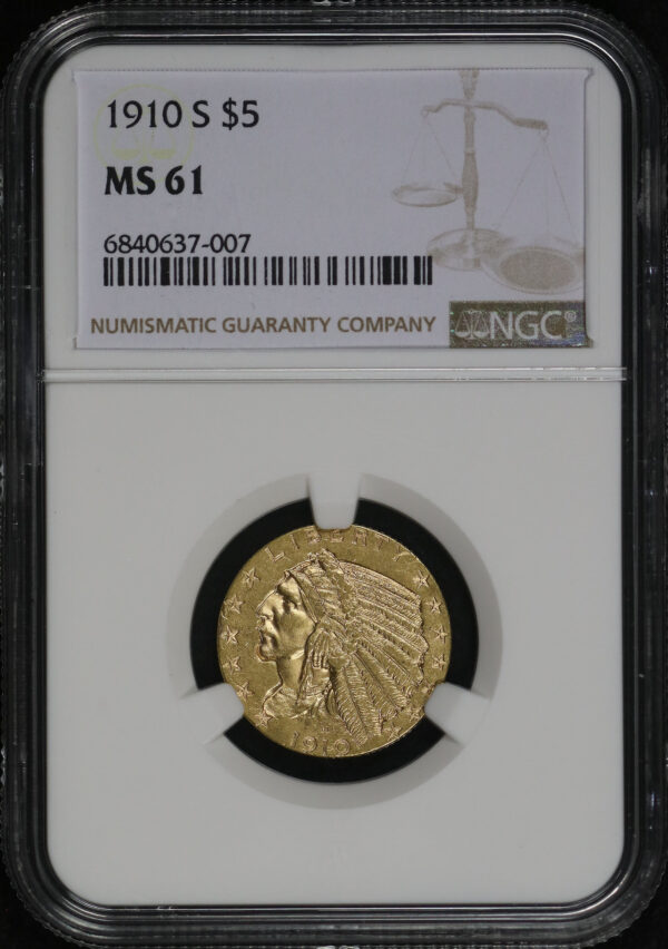 Obverse of this 1910-S Indian $5 NGC MS-61