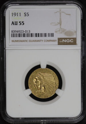 Obverse of this 1911 Indian $5 NGC AU-55