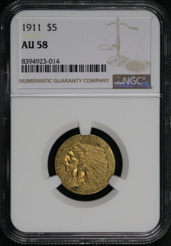 Obverse of this 1911 Indian $5 NGC AU-58