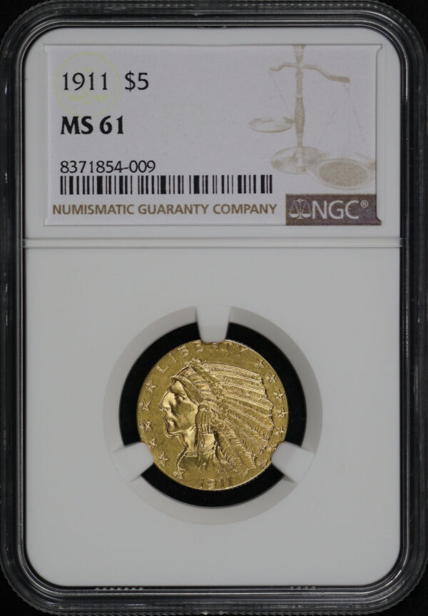 Obverse of this 1911 Indian $5 NGC MS-61