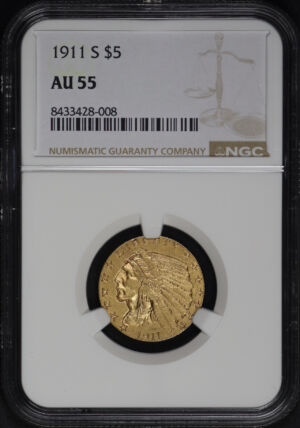 Obverse of this 1911-S Indian $5 NGC AU-55