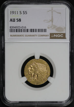 Obverse of this 1911-S Indian $5 NGC AU-58