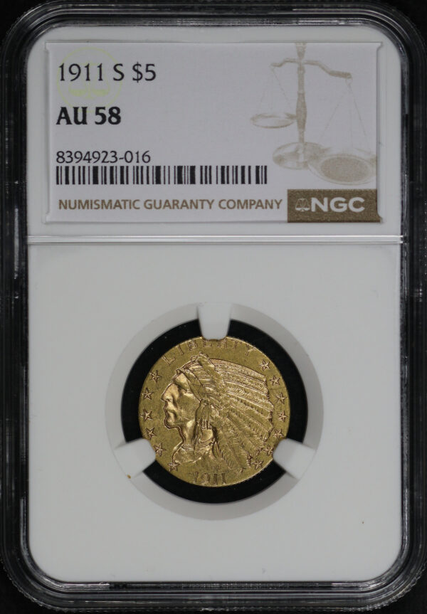 Obverse of this 1911-S Indian $5 NGC AU-58