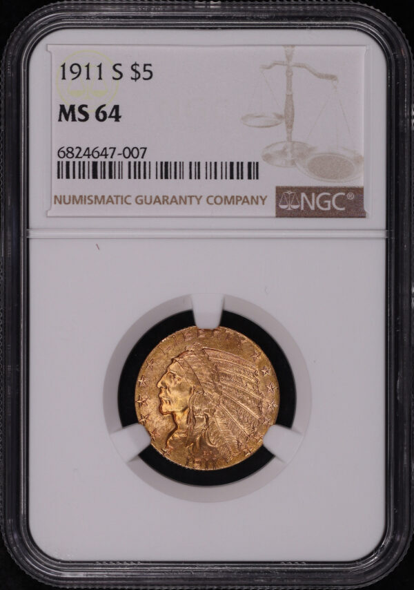 Obverse of this 1911-S Indian $5 NGC MS-64