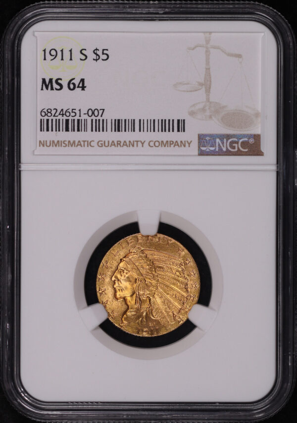 Obverse of this 1911-S Indian $5 NGC MS-64
