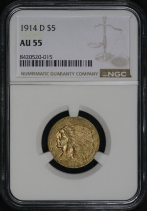 Obverse of this 1914-D Indian $5 NGC AU-55
