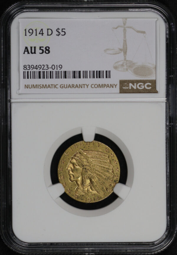 Obverse of this 1914-D Indian $5 NGC AU-58