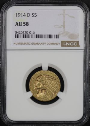 Obverse of this 1914-D Indian $5 NGC AU-58