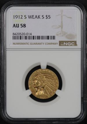 Obverse of this 1912-S Indian $5 Weak S NGC AU-58