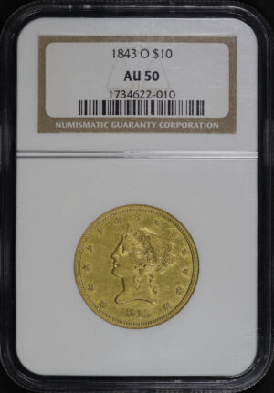 Obverse of this 1843-O Liberty Head $10 NGC AU-50