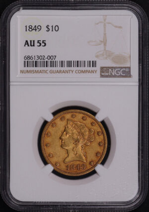 Obverse of this 1849 Liberty Head $10 NGC AU-55