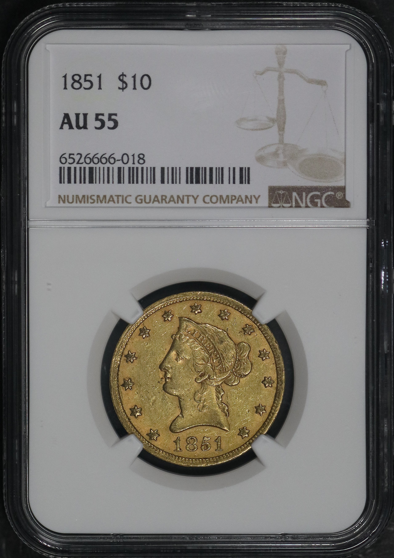 Obverse of this 1851 Liberty Head $10 NGC AU-55
