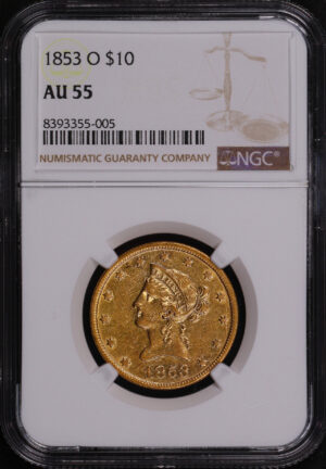 Obverse of this 1853-O Liberty Head $10 NGC AU-55