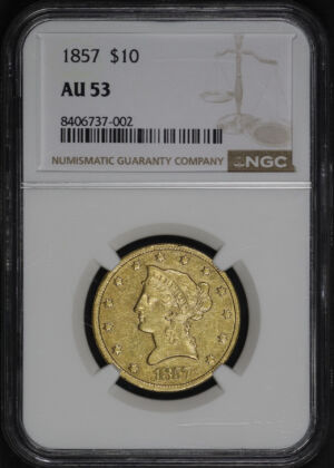 Obverse of this 1857 Liberty Head $10 NGC AU-53