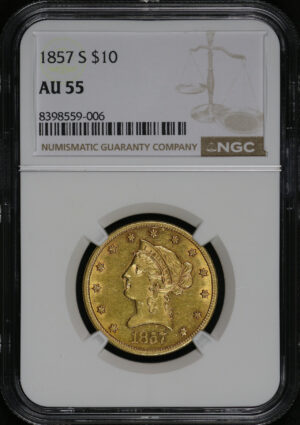 Obverse of this 1857-S Liberty Head $10 NGC AU-55