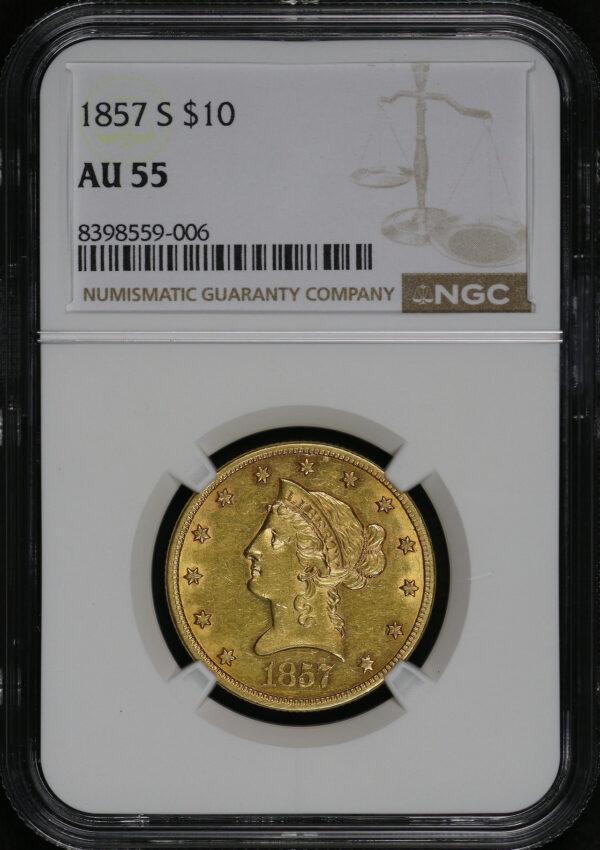 Obverse of this 1857-S Liberty Head $10 NGC AU-55