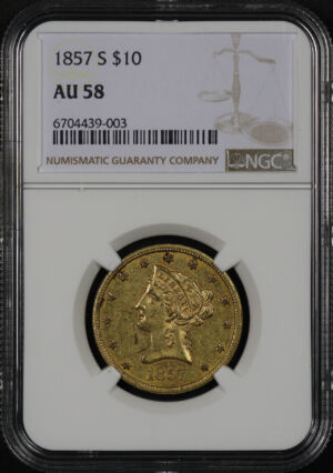 Obverse of this 1857-S Liberty Head $10 NGC AU-58