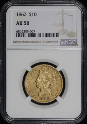 Obverse of this 1862 Liberty Head $10 NGC AU-50