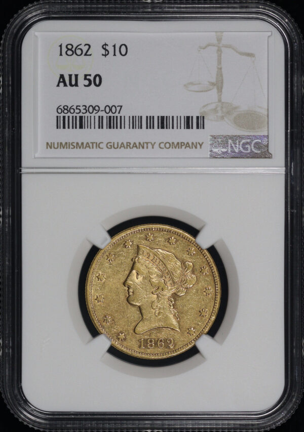 Obverse of this 1862 Liberty Head $10 NGC AU-50