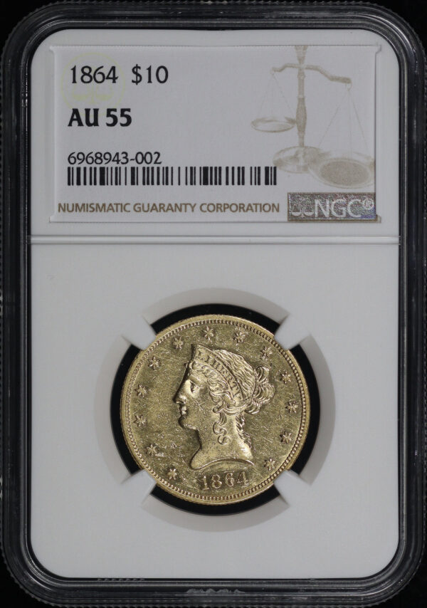 Obverse of this 1864 Liberty Head $10 NGC AU-55