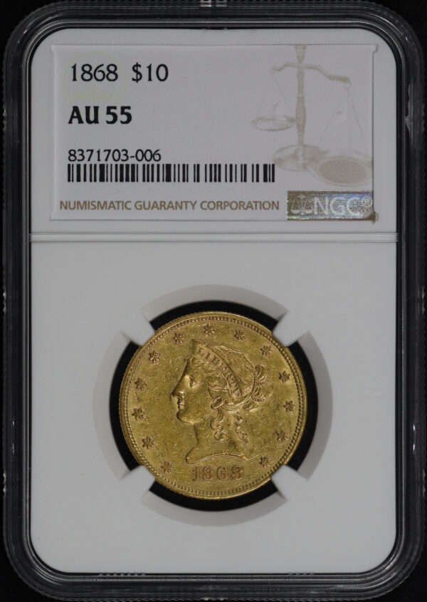 Obverse of this 1868 Liberty Head $10 NGC AU-55