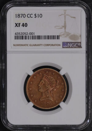 Obverse of this 1870-CC Liberty Head $10 NGC XF-40