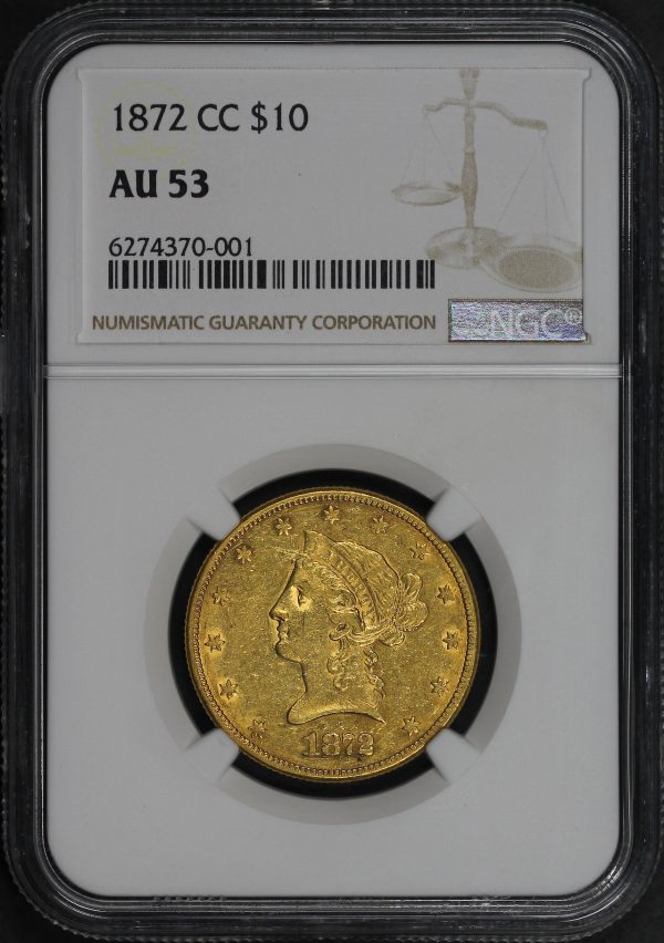 Obverse of this 1872-CC Liberty Head $10 NGC AU-53