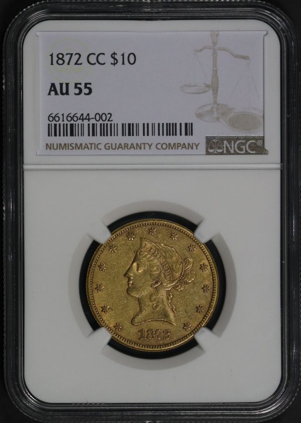 Obverse of this 1872-CC Liberty Head $10 NGC AU-55