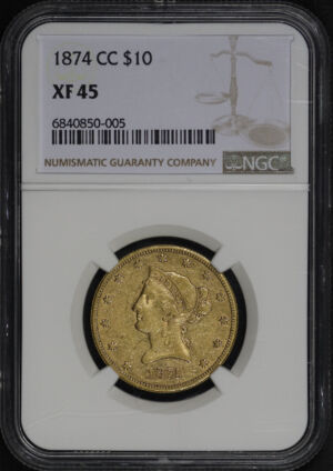 Obverse of this 1874-CC Liberty Head $10 NGC XF-45