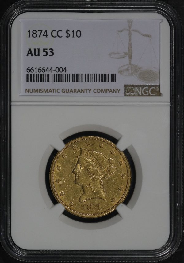 Obverse of this 1874-CC Liberty Head $10 NGC AU-53