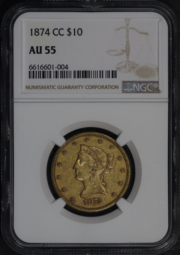Obverse of this 1874-CC Liberty Head $10 NGC AU-55