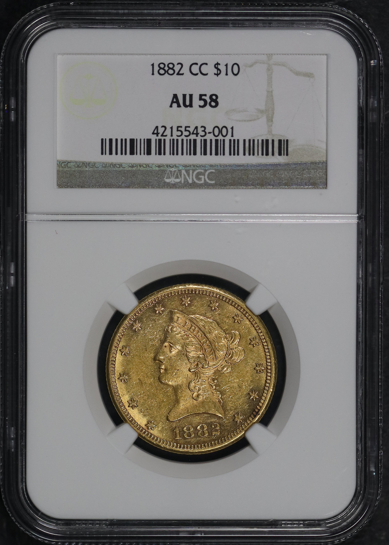 Obverse of this 1882-CC Liberty Head $10 NGC AU-58