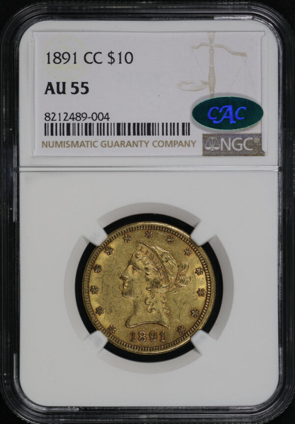 Obverse of this 1891-CC Liberty Head $10 NGC AU-55 CAC