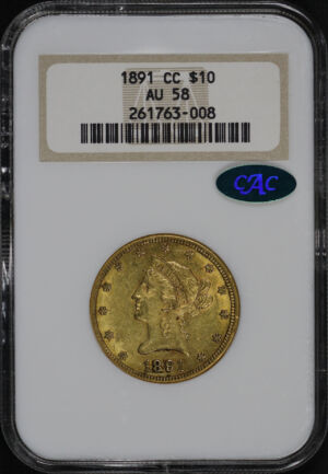 Obverse of this 1891-CC Liberty Head $10 NGC AU-58 CAC Old Fatty Holder