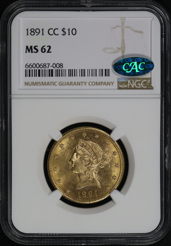 Obverse of this 1891-CC Liberty Head $10 NGC MS-62 CAC