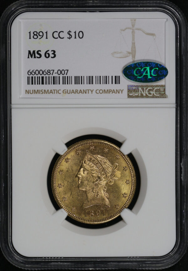 Obverse of this 1891-CC Liberty Head $10 NGC MS-63 CAC
