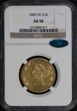 Obverse of this 1892-CC Liberty Head $10 NGC AU-58 CAC